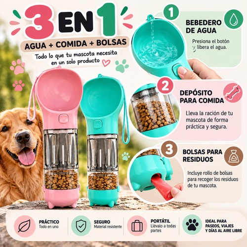 Botella Portátil 3 en 1 para Mascotas – Bebedero, Depósito de Comida y Bolsas para Residuos