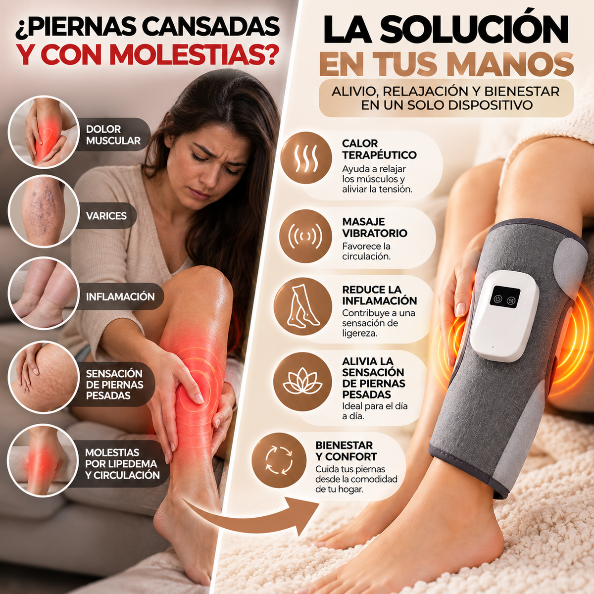 Faja Térmica para Piernas 2 en 1 – Calor Terapéutico y Masaje Vibratorio para Relajación y Bienestar en Casa