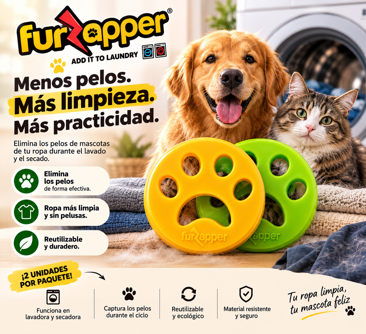 Removedor de Pelos para Mascotas FurZapper – Reutilizable para Lavadora y Secadora