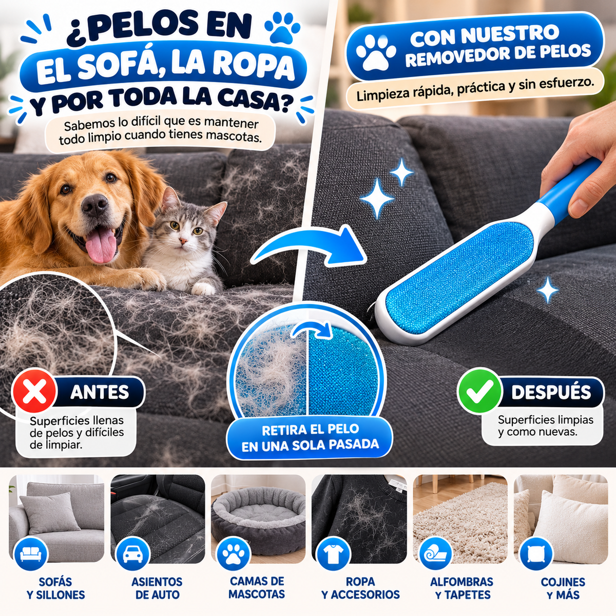 Kit Quitapelos para Mascotas 2 en 1 – Rodillo Reutilizable con Limpiador Autolimpiante