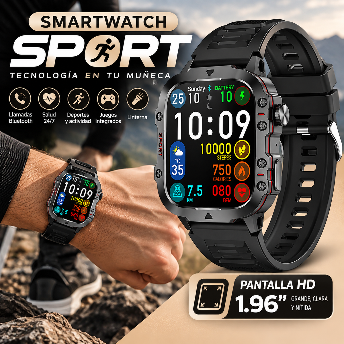 Smartwatch SPORT 1.96" HD – Bluetooth, Salud, Deportes, Música y Juegos