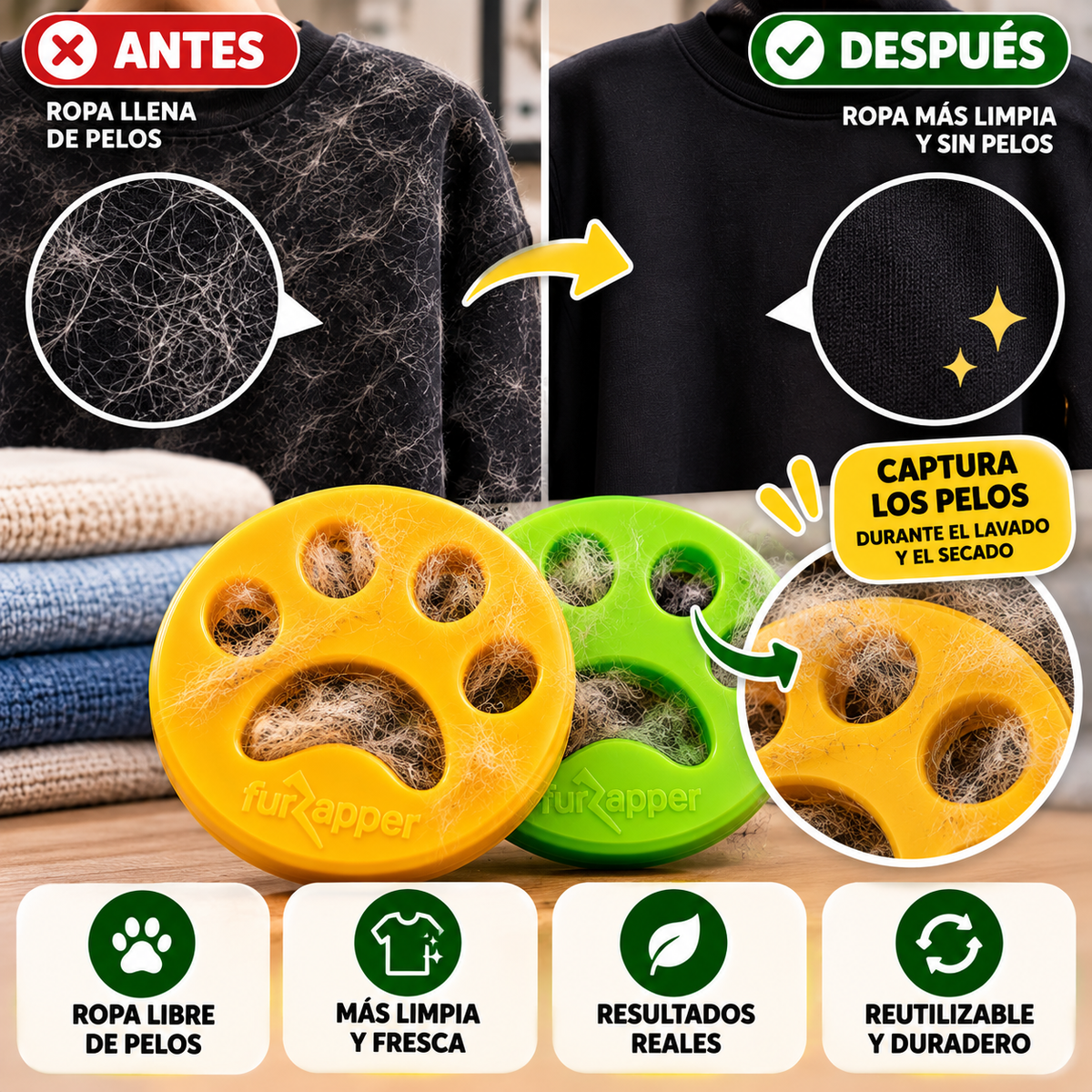 Removedor de Pelos para Mascotas FurZapper – Reutilizable para Lavadora y Secadora