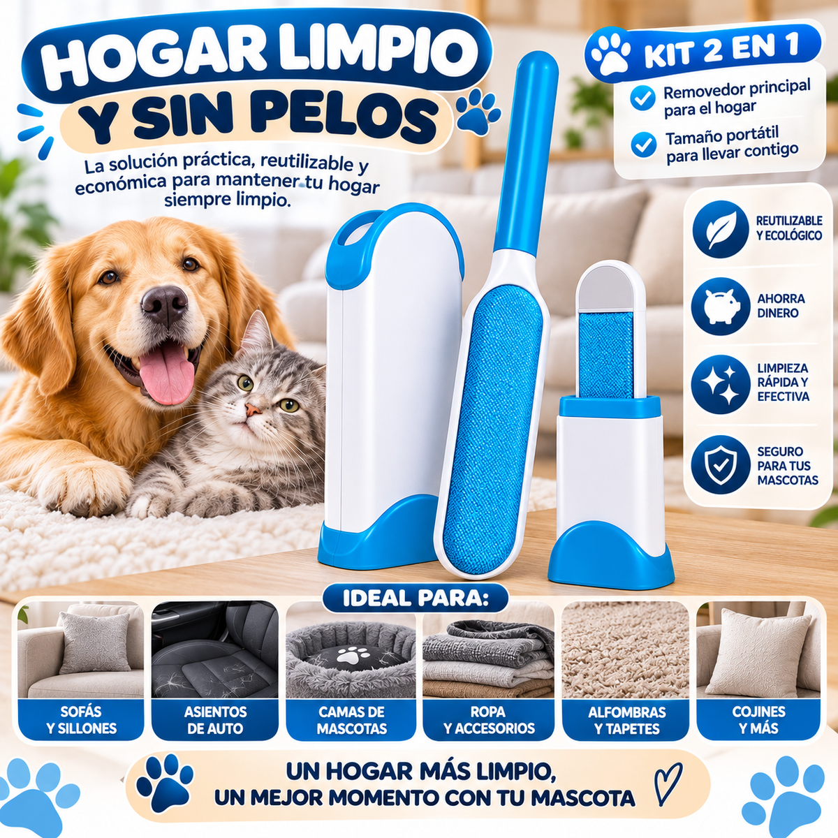 Kit Quitapelos para Mascotas 2 en 1 – Rodillo Reutilizable con Limpiador Autolimpiante