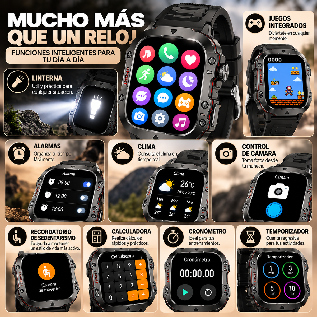 Smartwatch SPORT 1.96" HD – Bluetooth, Salud, Deportes, Música y Juegos
