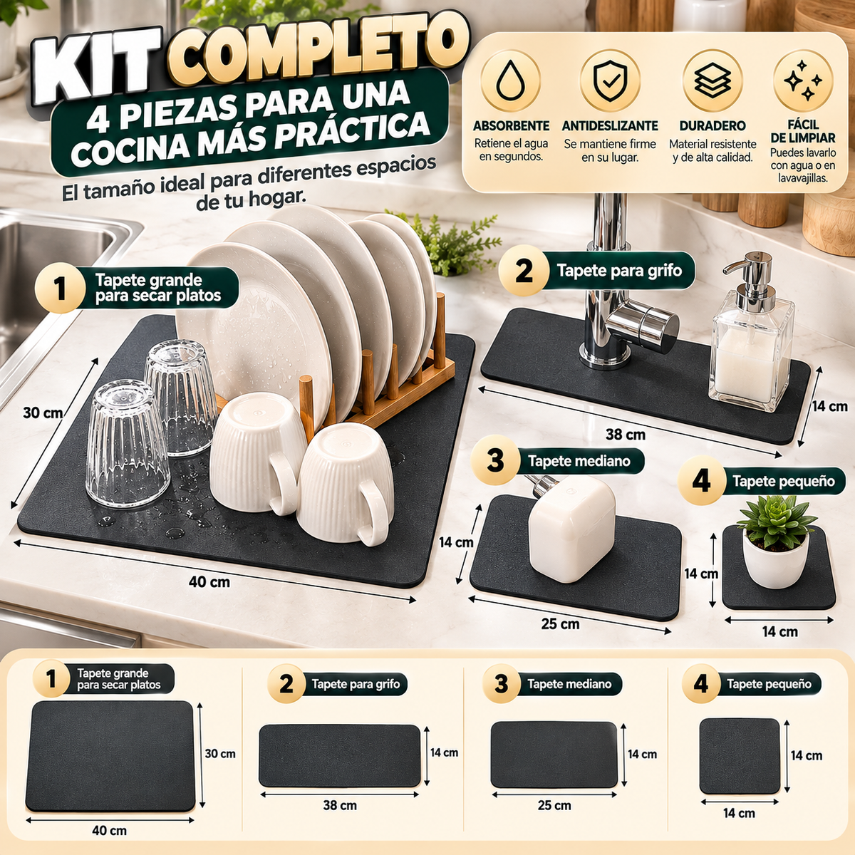Kit de Tapetes Absorbentes para Cocina 4 Piezas – Antideslizantes y Multifuncionales