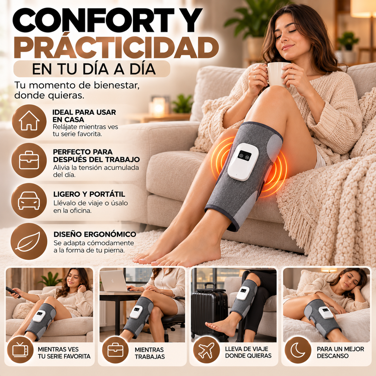 Faja Térmica para Piernas 2 en 1 – Calor Terapéutico y Masaje Vibratorio para Relajación y Bienestar en Casa