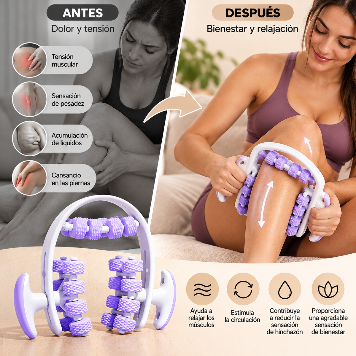 Masajeador Corporal Manual de Rodillos Multidireccionales – Diseño Ergonómico para Masajes en Casa