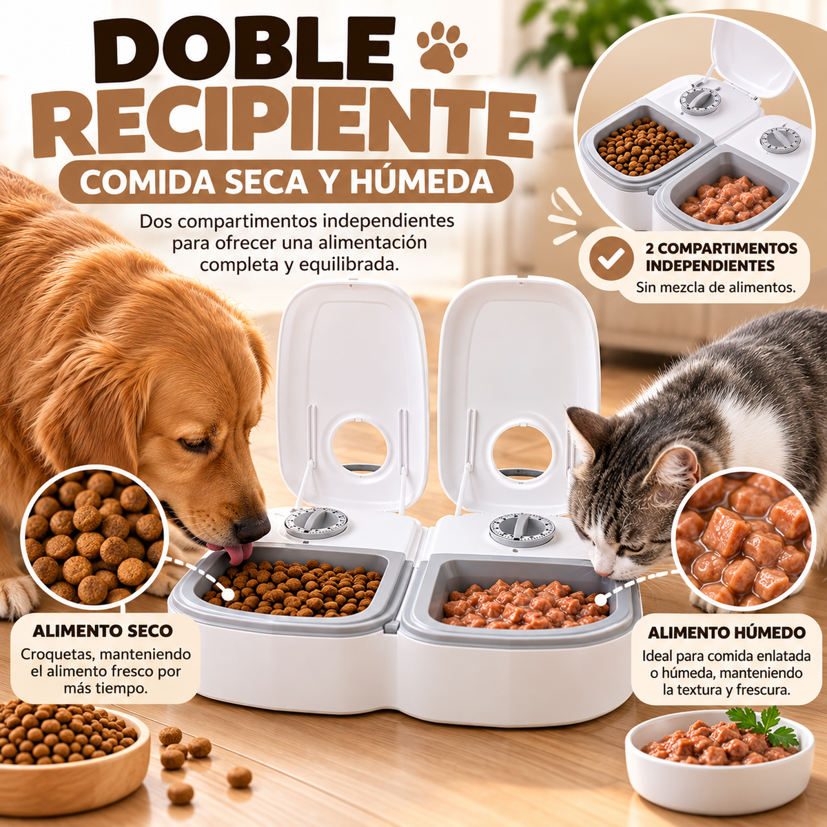 Dispensador Automático 2 en 1 para Mascotas – Alimentación Programada y Conservación de Alimentos
