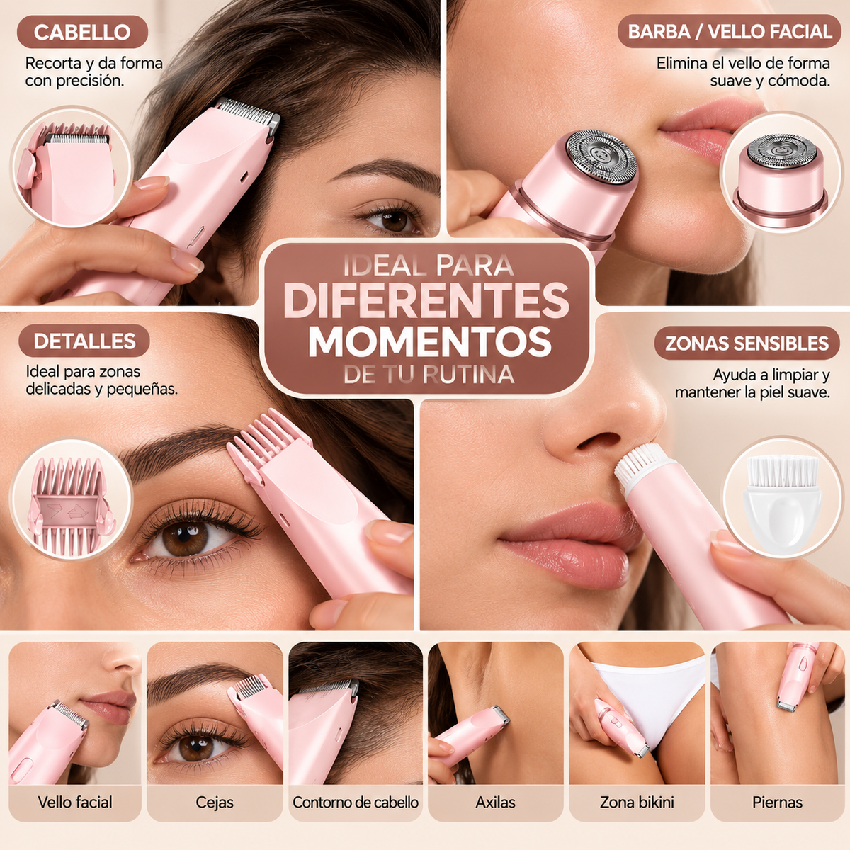 GlamTrim™ 4 en 1 - Recortadora Multifuncional con Cabeza Intercambiable