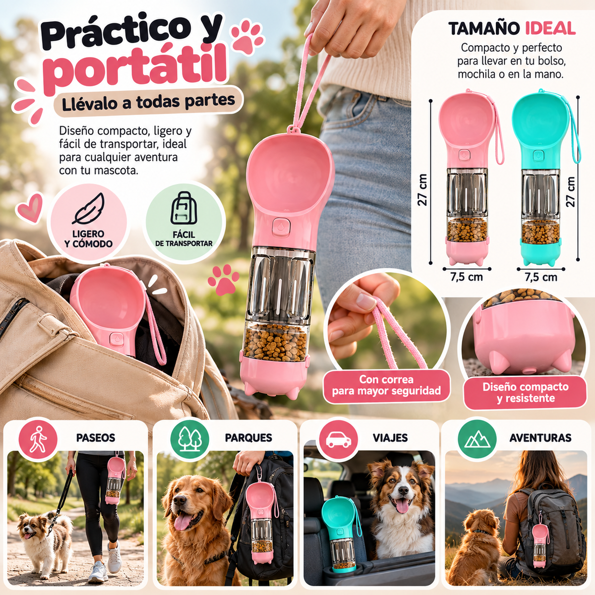 Botella Portátil 3 en 1 para Mascotas – Bebedero, Depósito de Comida y Bolsas para Residuos