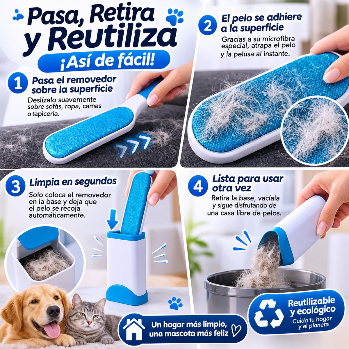 Kit Quitapelos para Mascotas 2 en 1 – Rodillo Reutilizable con Limpiador Autolimpiante