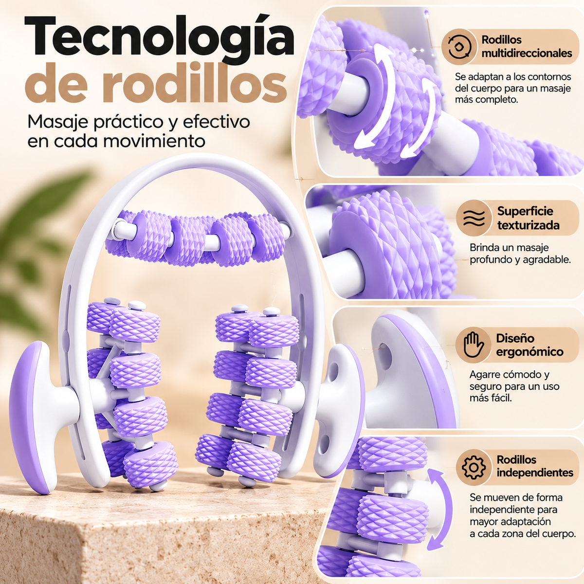 Masajeador Corporal Manual de Rodillos Multidireccionales – Diseño Ergonómico para Masajes en Casa