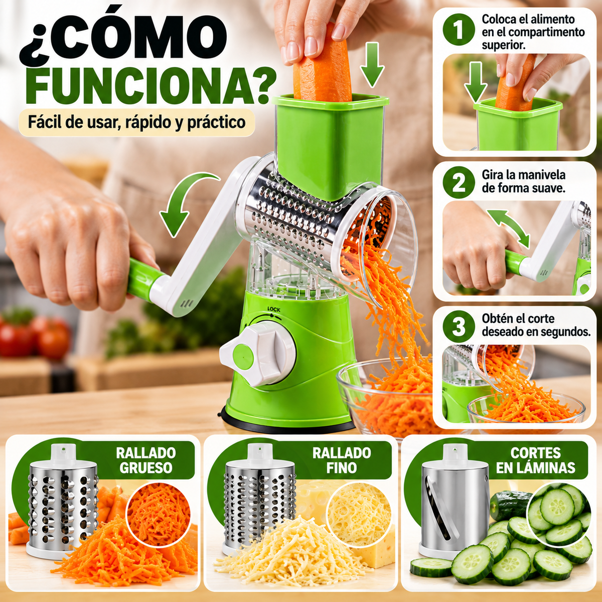 Rallador Pro™ 3 en 1 – Rallador y Cortador Multifuncional de Cocina