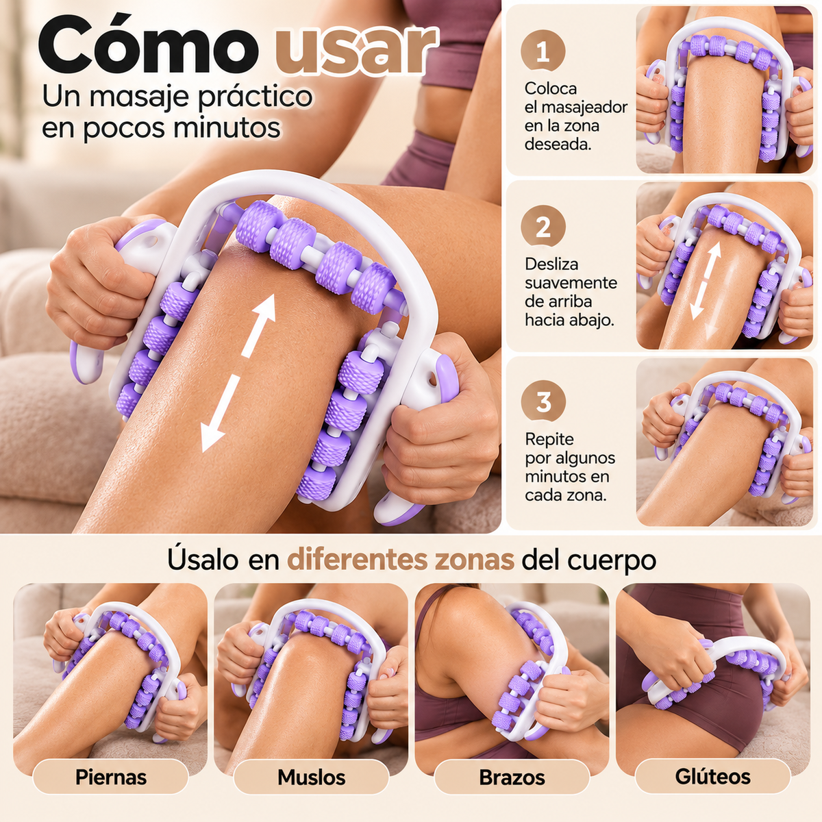 Masajeador Corporal Manual de Rodillos Multidireccionales – Diseño Ergonómico para Masajes en Casa