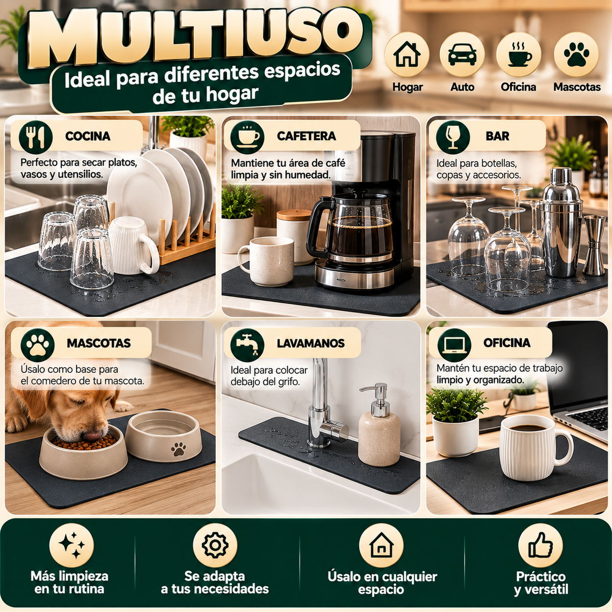 Kit de Tapetes Absorbentes para Cocina 4 Piezas – Antideslizantes y Multifuncionales
