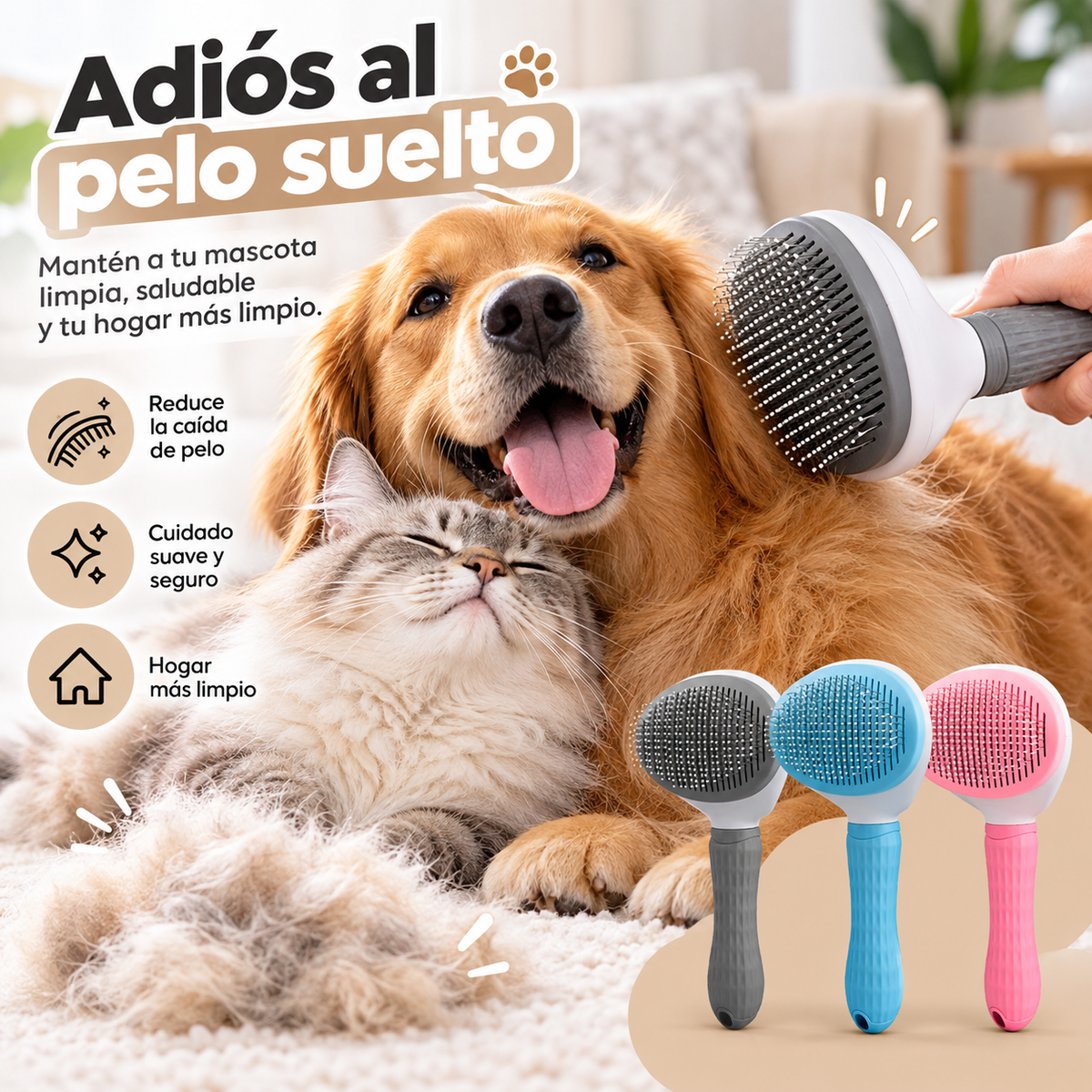 Cepillo Quitapelos para Perros y Gatos – Grooming Suave con Limpieza Fácil