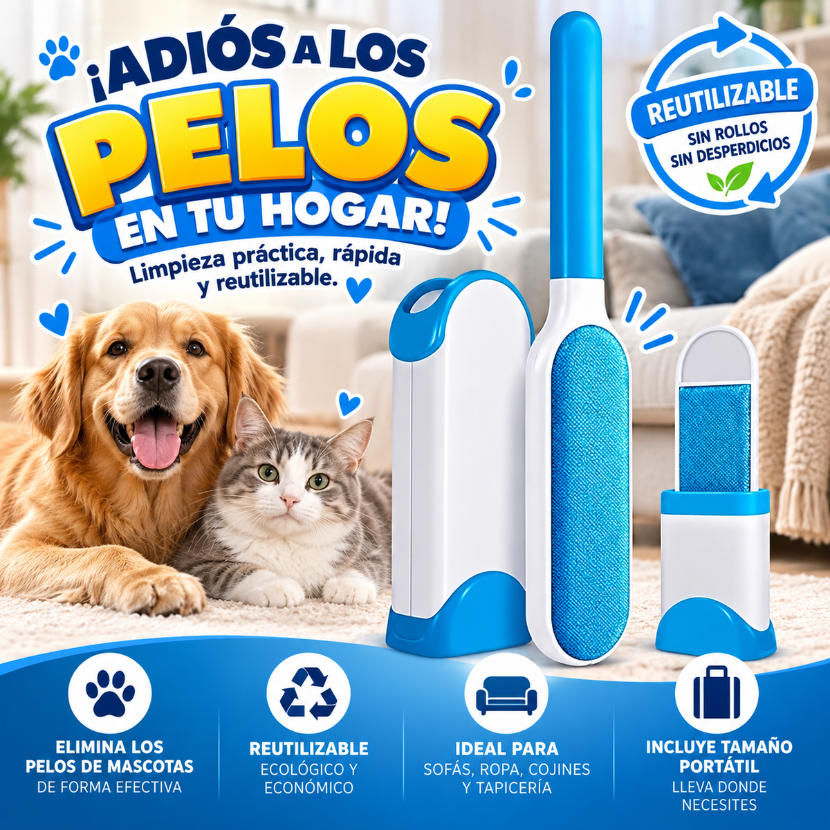 Kit Quitapelos para Mascotas 2 en 1 – Rodillo Reutilizable con Limpiador Autolimpiante