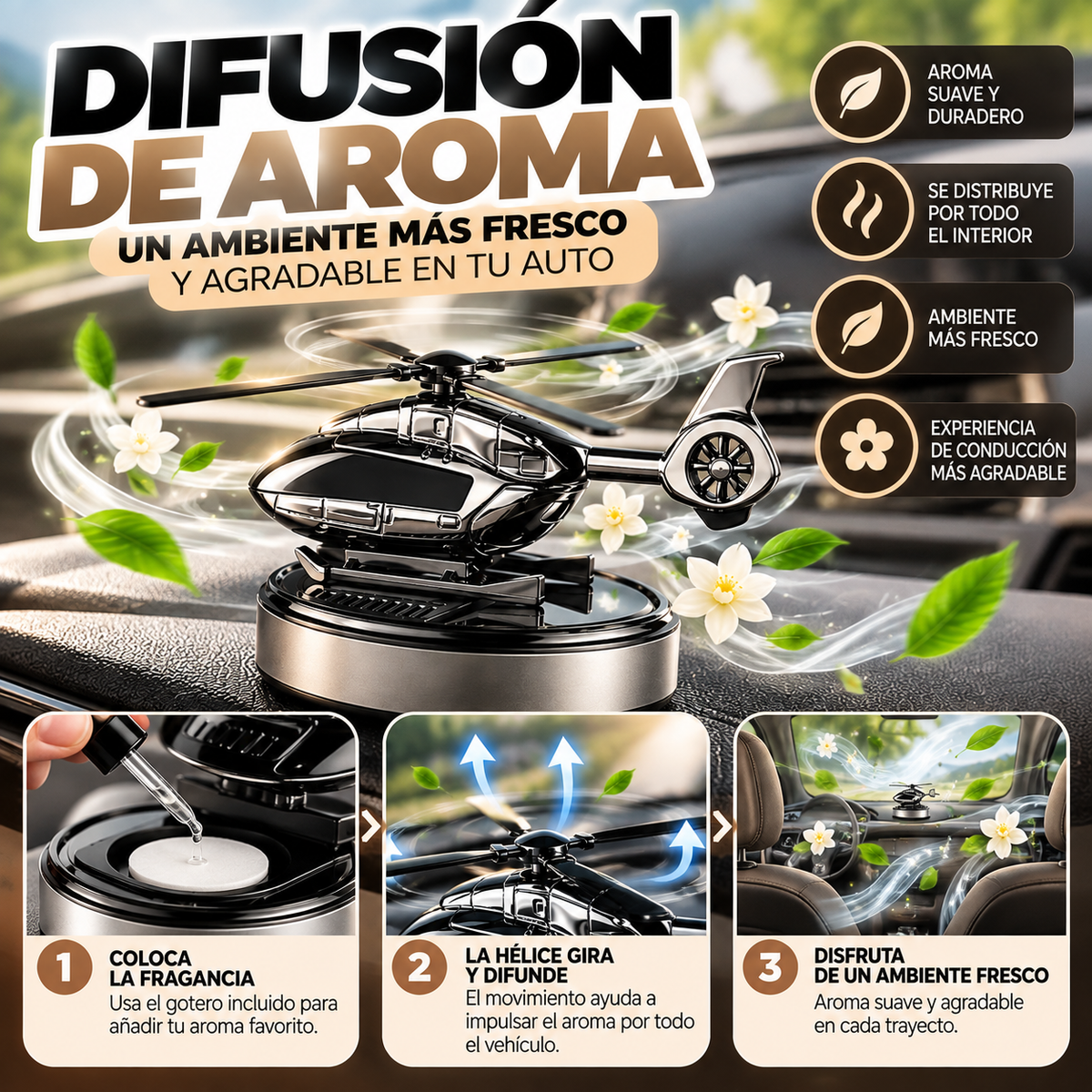 Ambientador Solar para Auto en Forma de Helicóptero – Difusor de Aroma con Hélice Giratoria