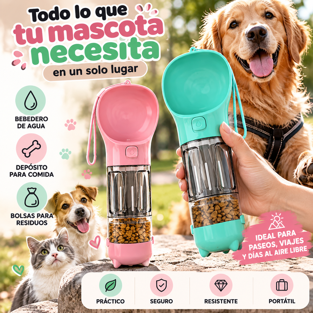 Botella Portátil 3 en 1 para Mascotas – Bebedero, Depósito de Comida y Bolsas para Residuos