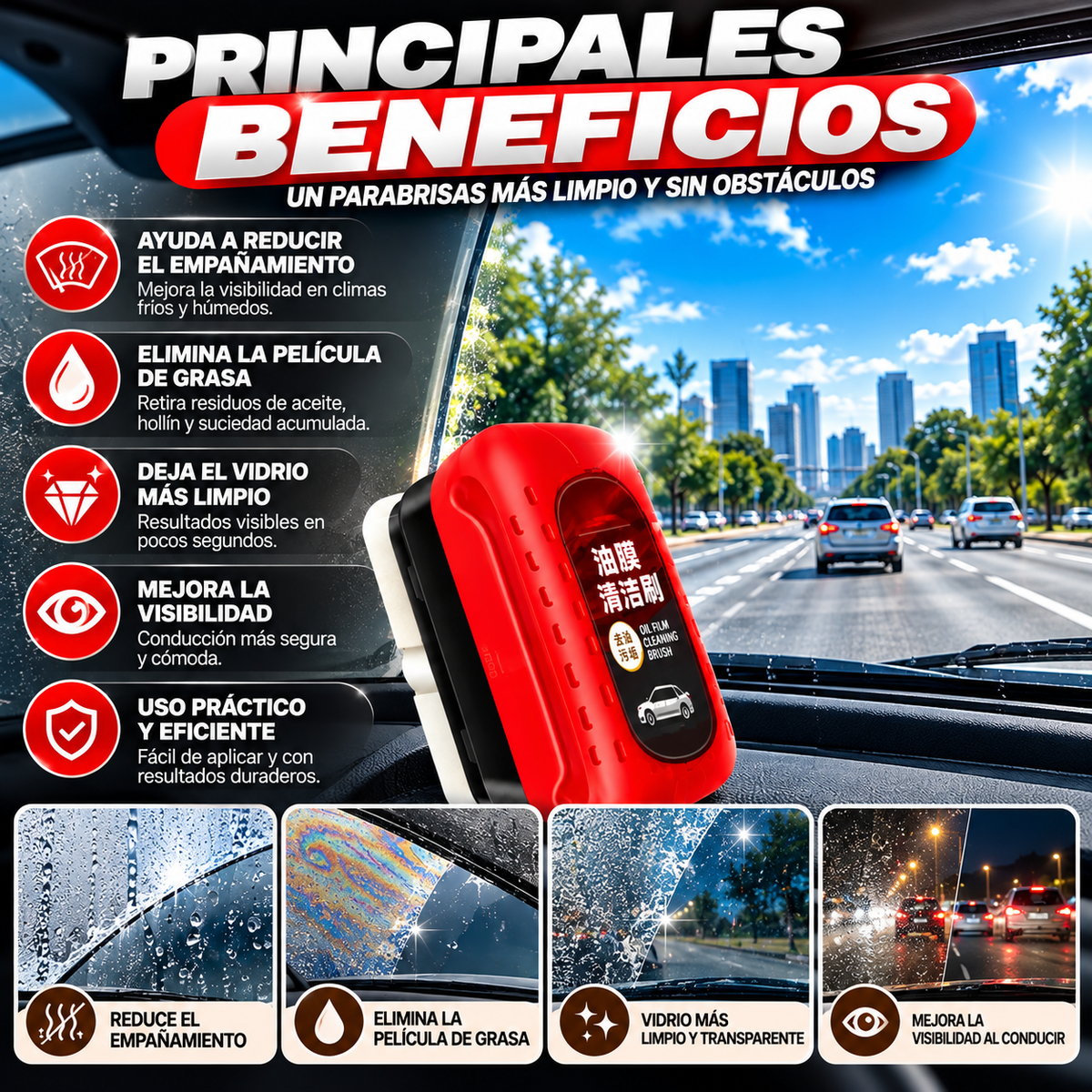 Limpiador Antiempañante para Parabrisas – Eliminador de Película de Grasa y Suciedad