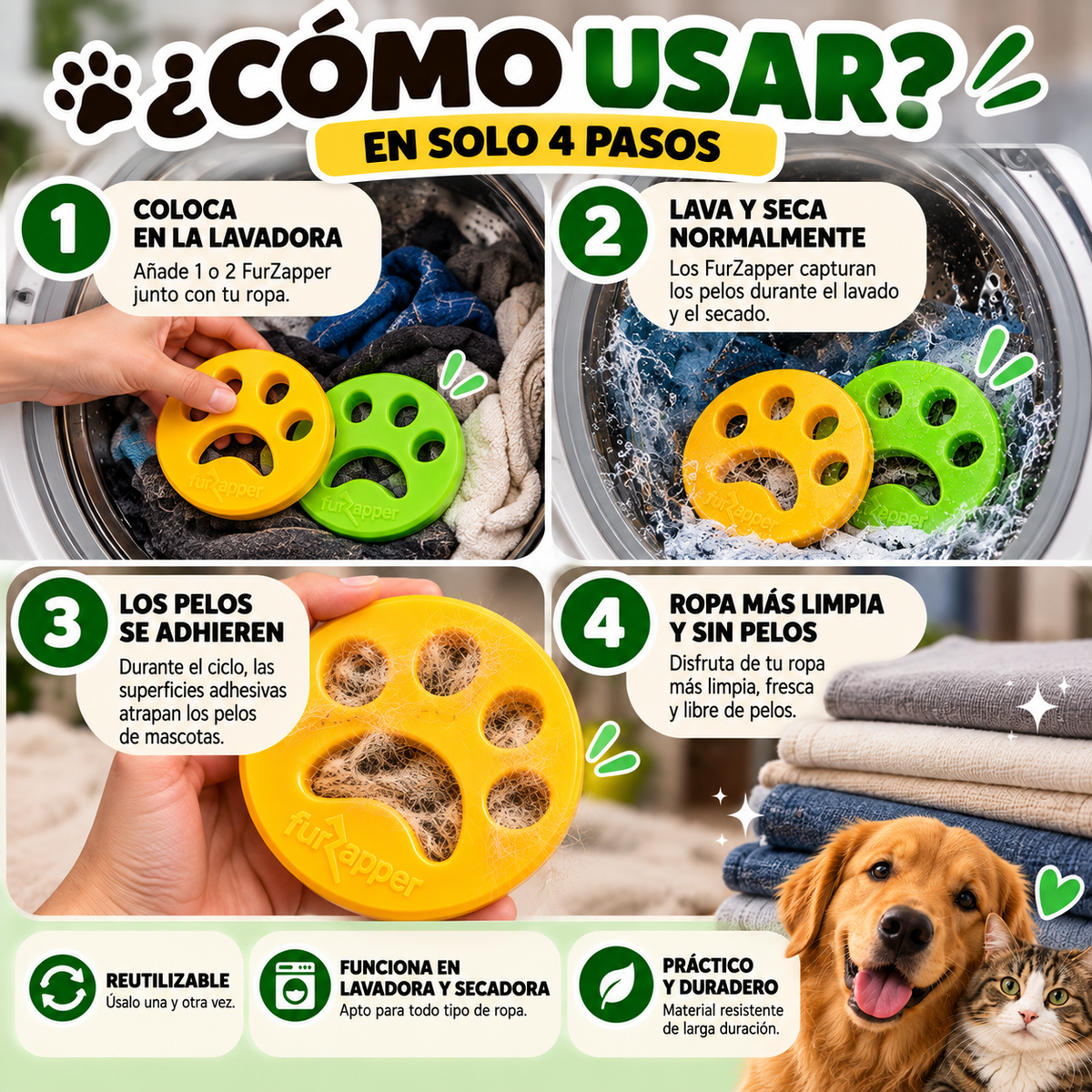 Removedor de Pelos para Mascotas FurZapper – Reutilizable para Lavadora y Secadora
