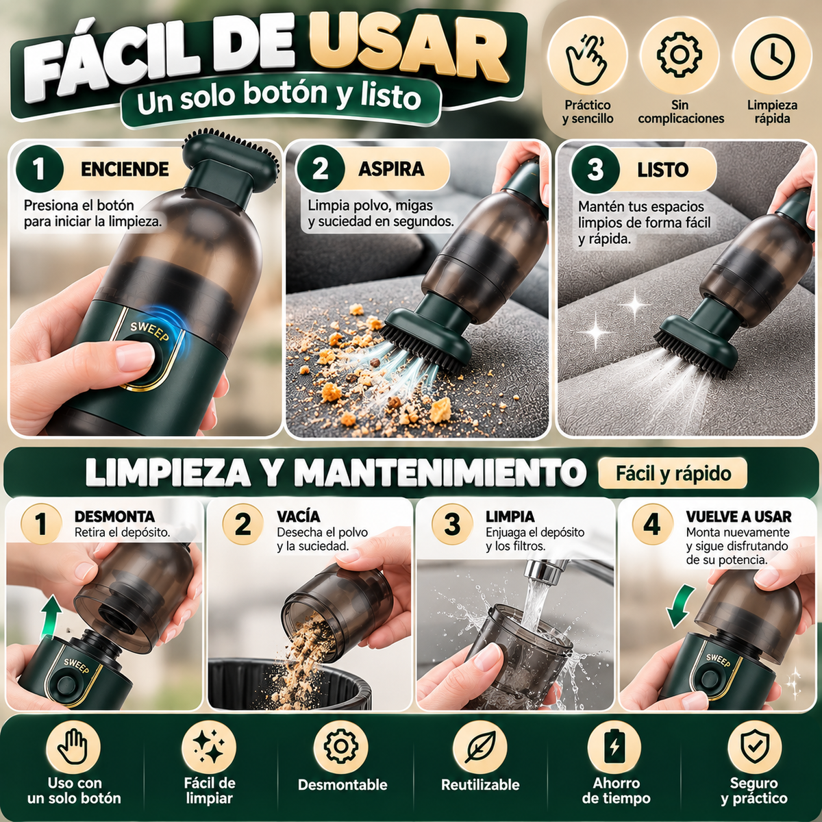 Aspiradora Portátil Inalámbrica 2 en 1 – Potente y Multifuncional
