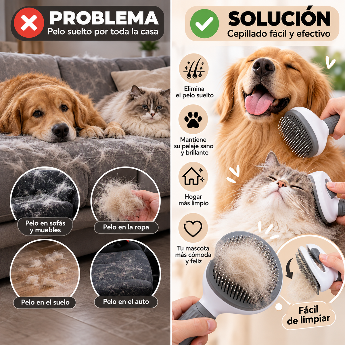 Cepillo Quitapelos para Perros y Gatos – Grooming Suave con Limpieza Fácil