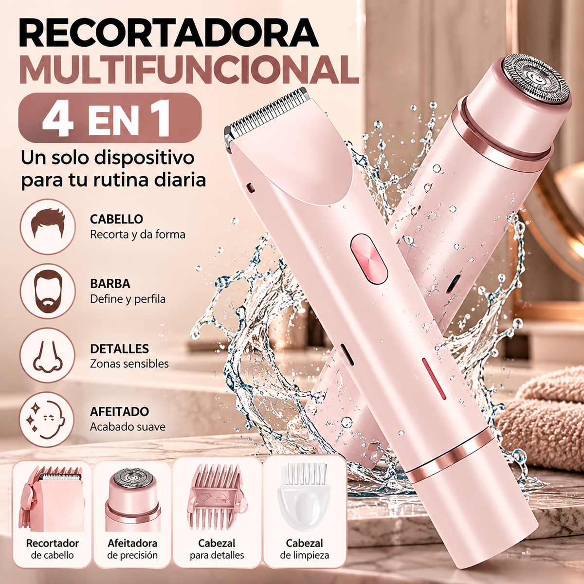 GlamTrim™ 4 en 1 - Recortadora Multifuncional con Cabeza Intercambiable