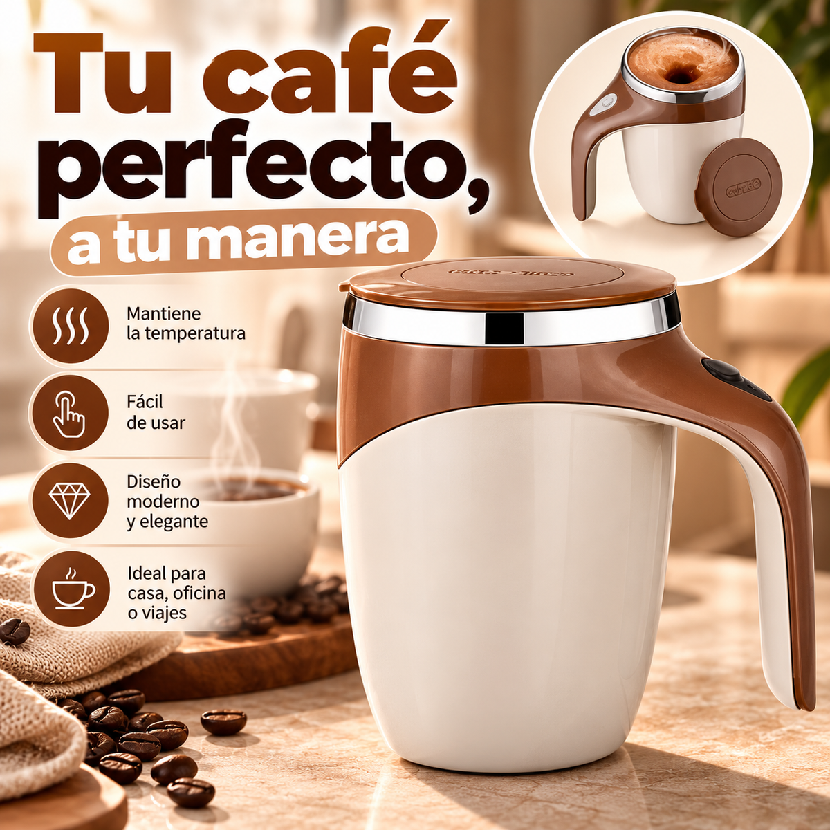 Taza Eléctrica Inteligente Premium con Mezclado Automático y Control de Temperatura