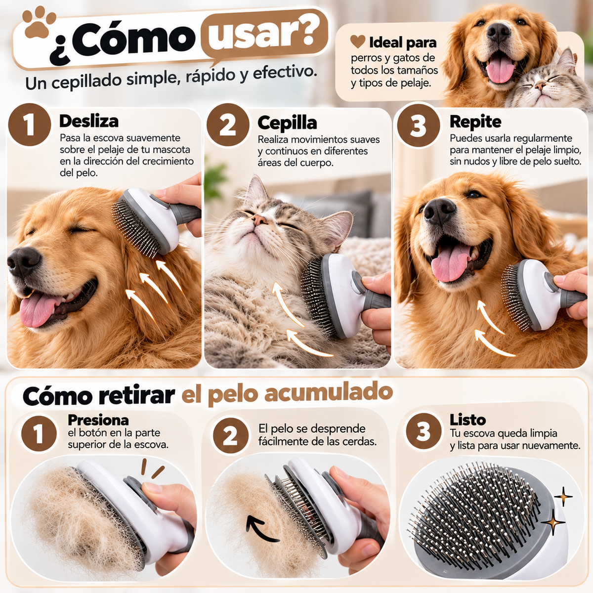 Cepillo Quitapelos para Perros y Gatos – Grooming Suave con Limpieza Fácil