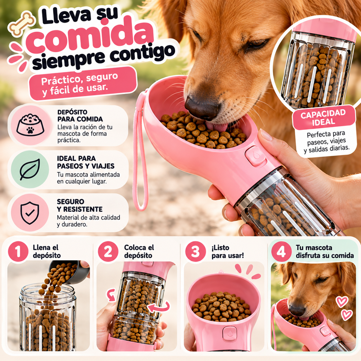 Botella Portátil 3 en 1 para Mascotas – Bebedero, Depósito de Comida y Bolsas para Residuos