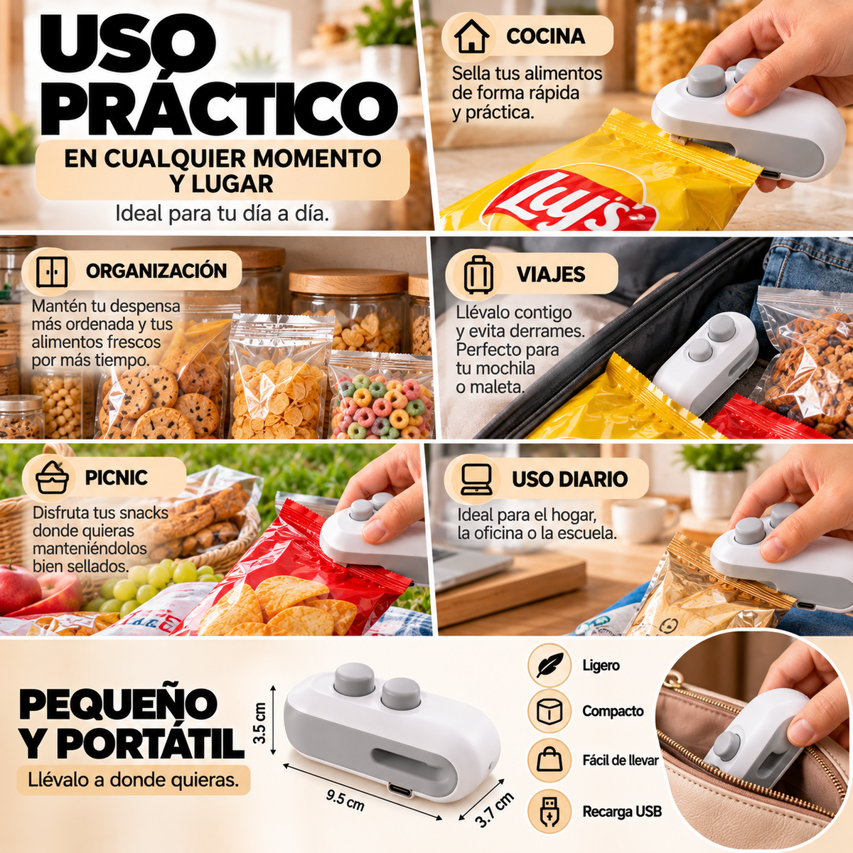 Sellador Térmico Portátil de Bolsas con Recarga USB