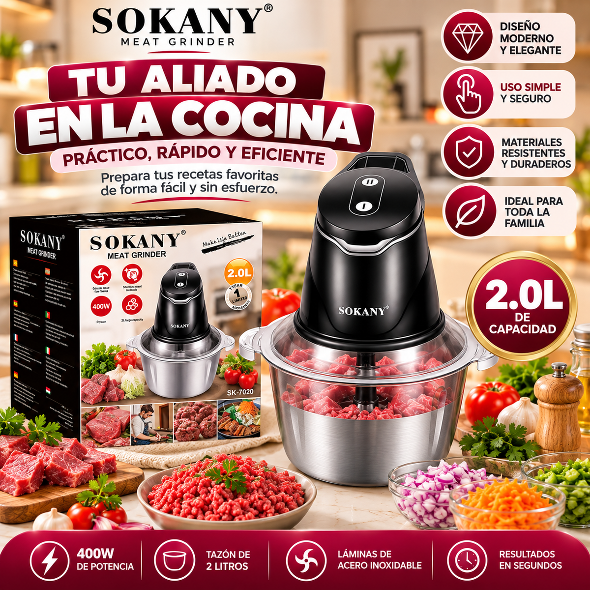 Picadora Eléctrica de Carne SOKANY 2L – 400W