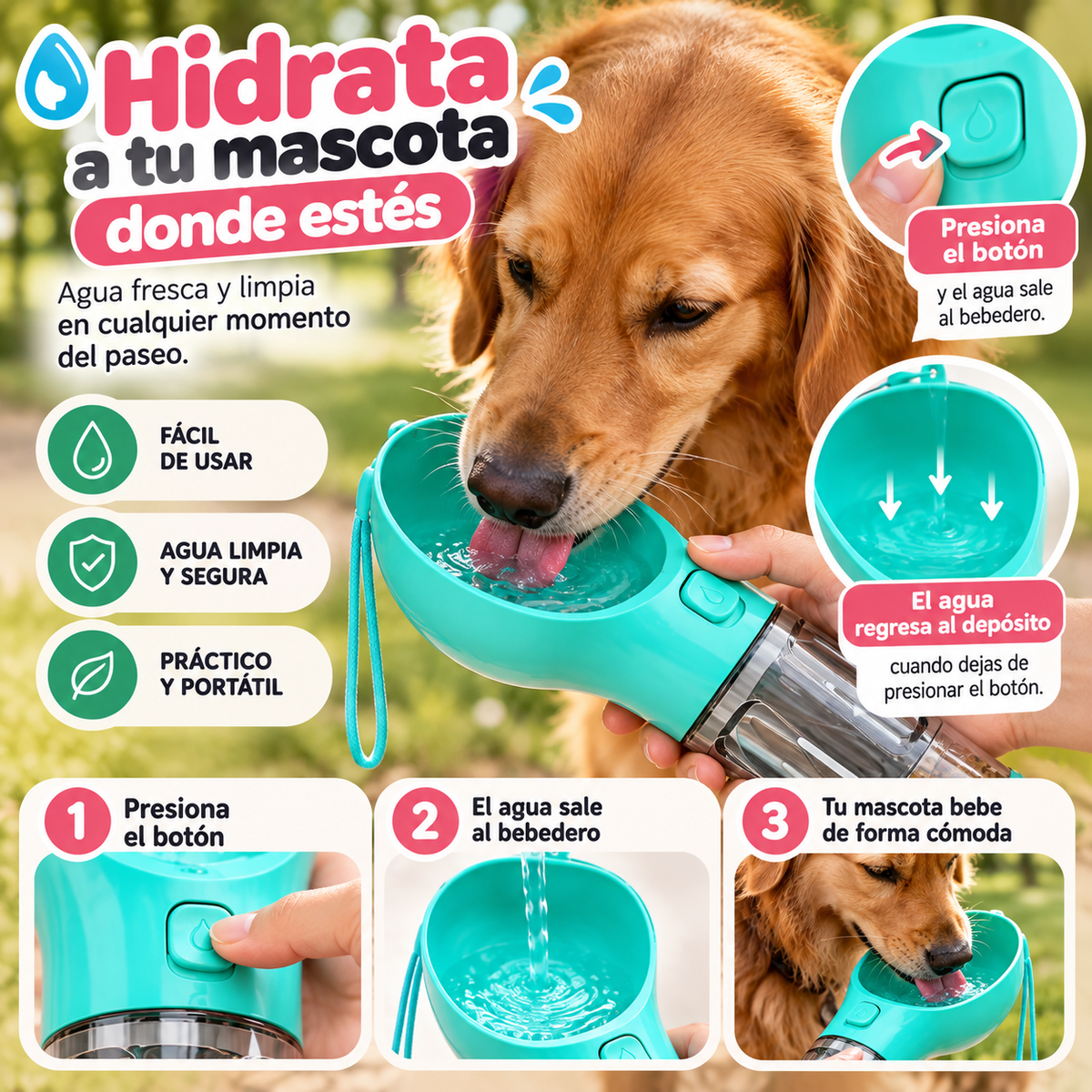 Botella Portátil 3 en 1 para Mascotas – Bebedero, Depósito de Comida y Bolsas para Residuos