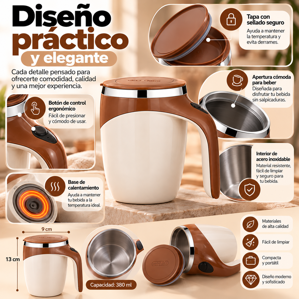 Taza Eléctrica Inteligente Premium con Mezclado Automático y Control de Temperatura