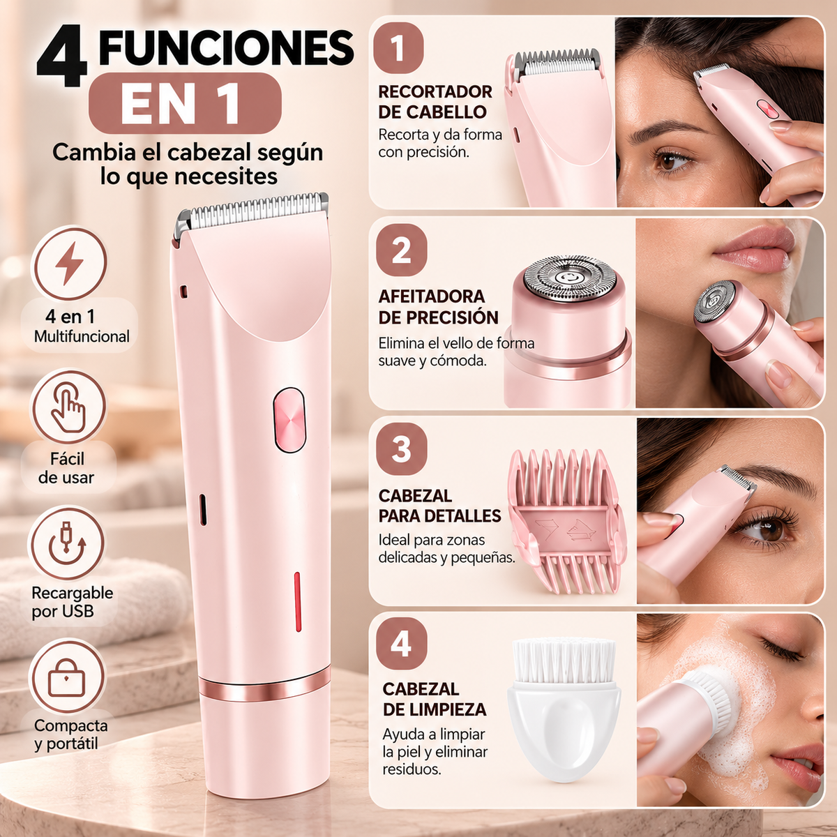 GlamTrim™ 4 en 1 - Recortadora Multifuncional con Cabeza Intercambiable