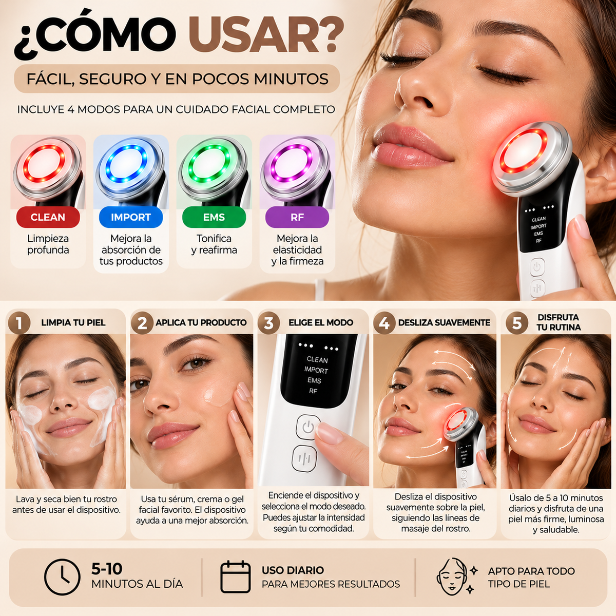 Rejuvenecedor Facial 4 en 1 con Luz LED Roja – Piel Más Radiante, Firme y Luminosa desde Casa