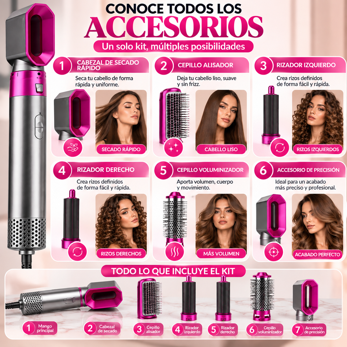 Moldeador de Cabello 7 en 1 – Secador, Alisador, Rizador y Cepillo Voluminizador