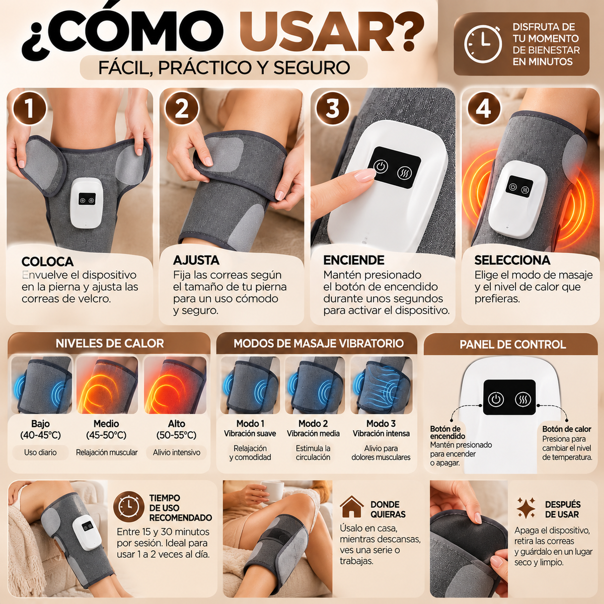 Faja Térmica para Piernas 2 en 1 – Calor Terapéutico y Masaje Vibratorio para Relajación y Bienestar en Casa