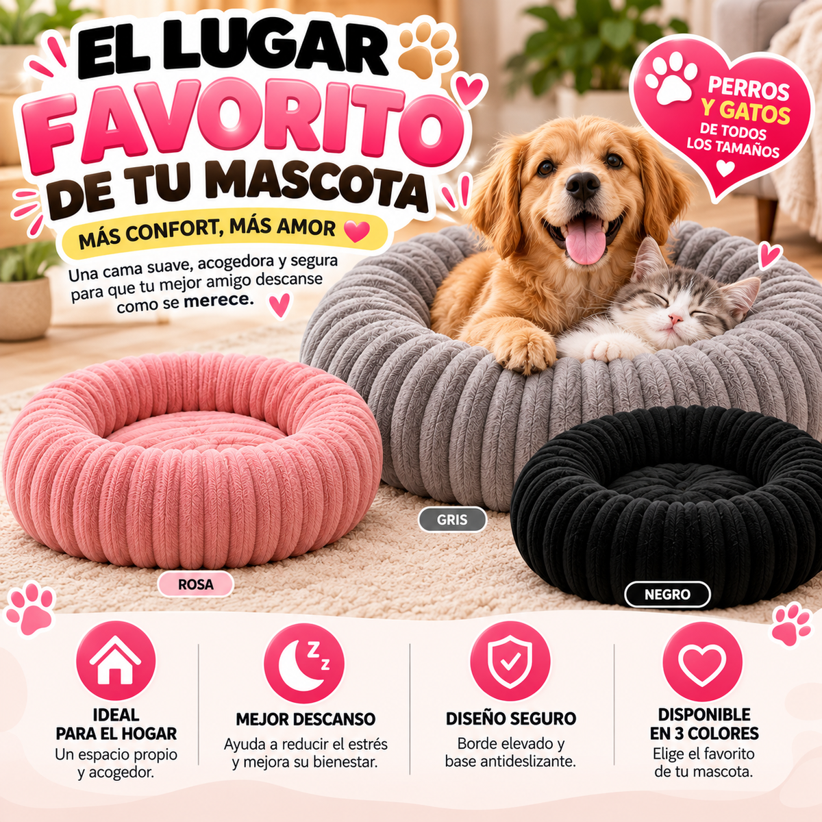 Cama Premium Redonda para Mascotas – Suave, Acogedora y Antiestrés