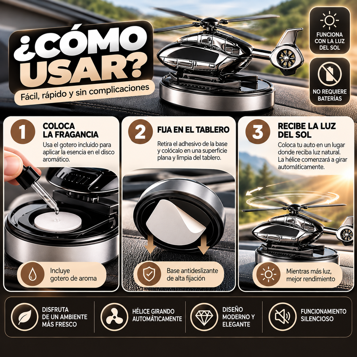 Ambientador Solar para Auto en Forma de Helicóptero – Difusor de Aroma con Hélice Giratoria