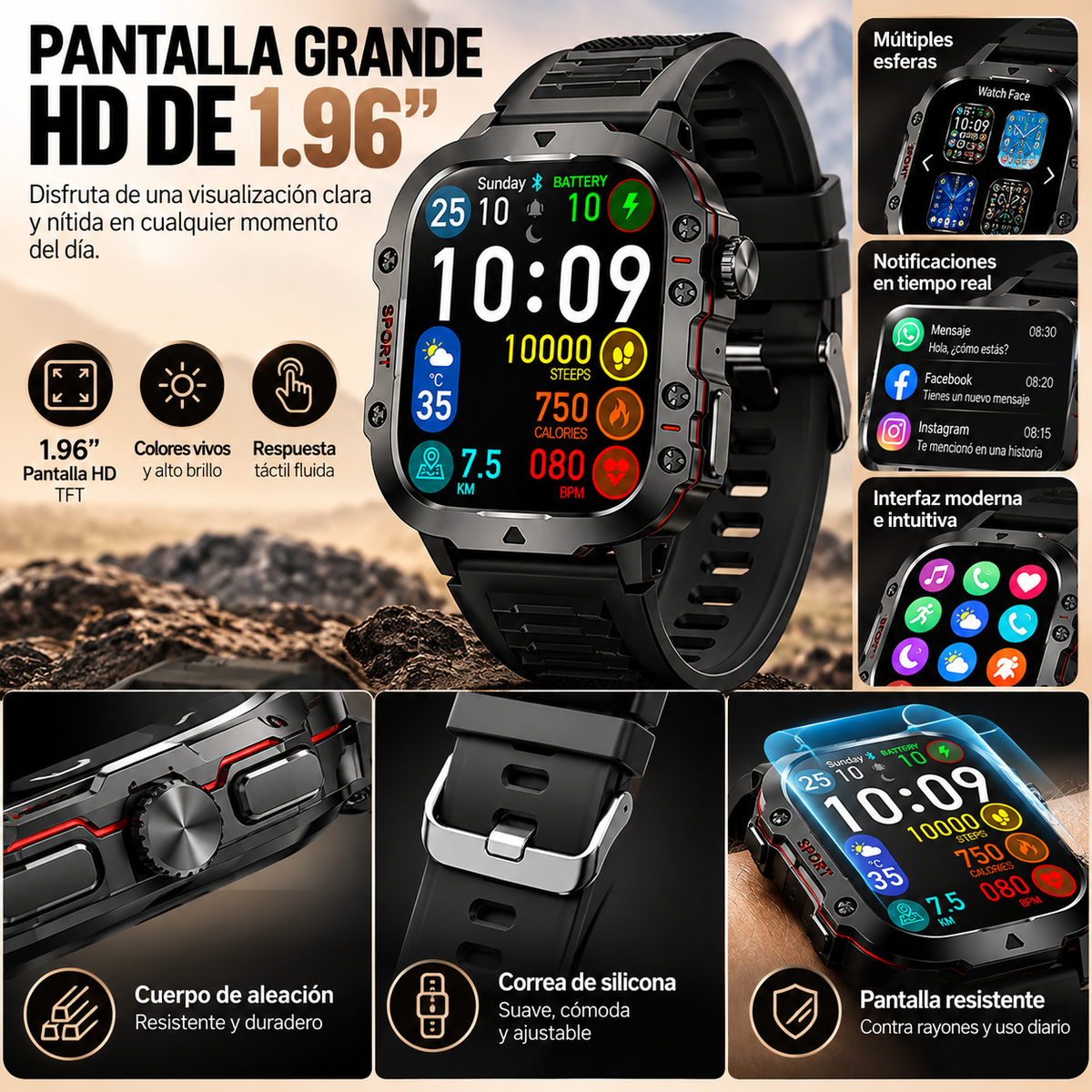 Smartwatch SPORT 1.96" HD – Bluetooth, Salud, Deportes, Música y Juegos