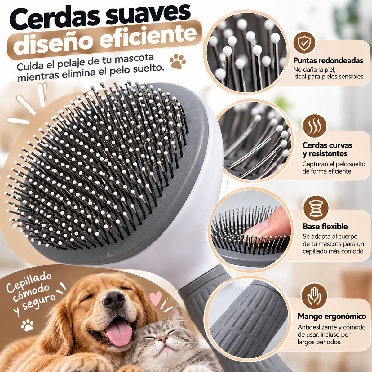 Cepillo Quitapelos para Perros y Gatos – Grooming Suave con Limpieza Fácil