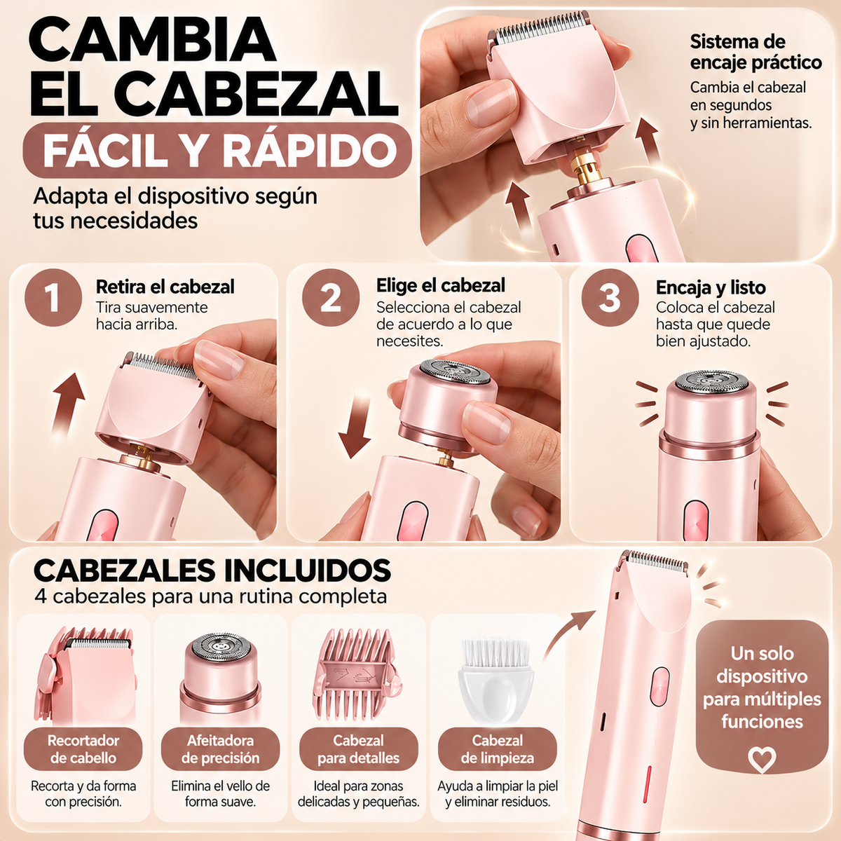 GlamTrim™ 4 en 1 - Recortadora Multifuncional con Cabeza Intercambiable