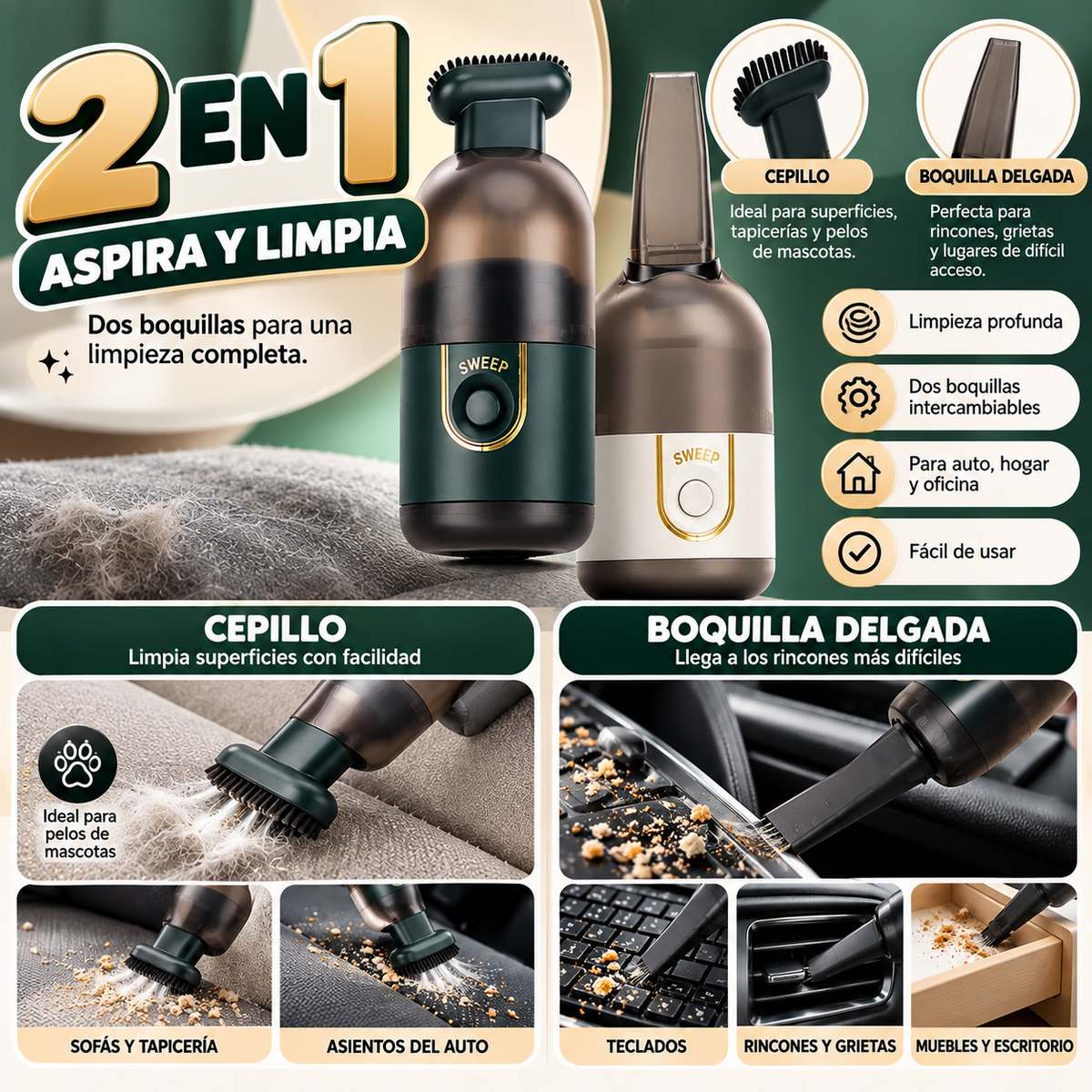 Aspiradora Portátil Inalámbrica 2 en 1 – Potente y Multifuncional