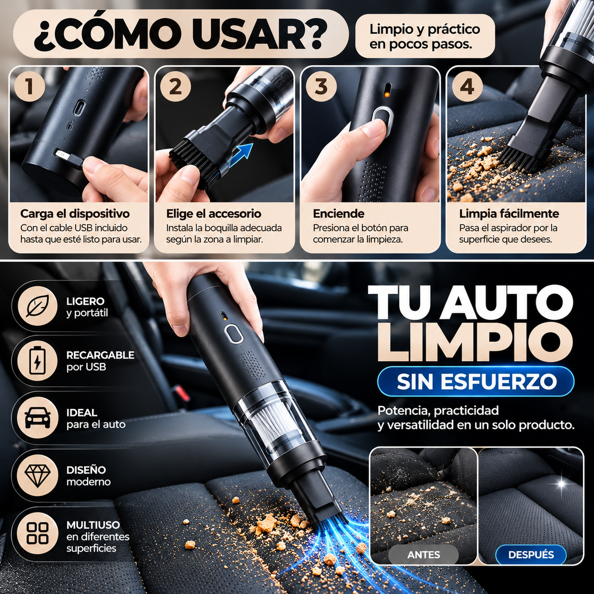 Aspiradora Portátil para Auto ProClean™ – Potencia y Limpieza Total en Cada Rincón