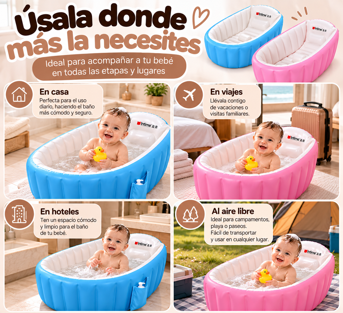 Bañera Inflable para Bebé con Diseño Acolchado y Soporte de Confort