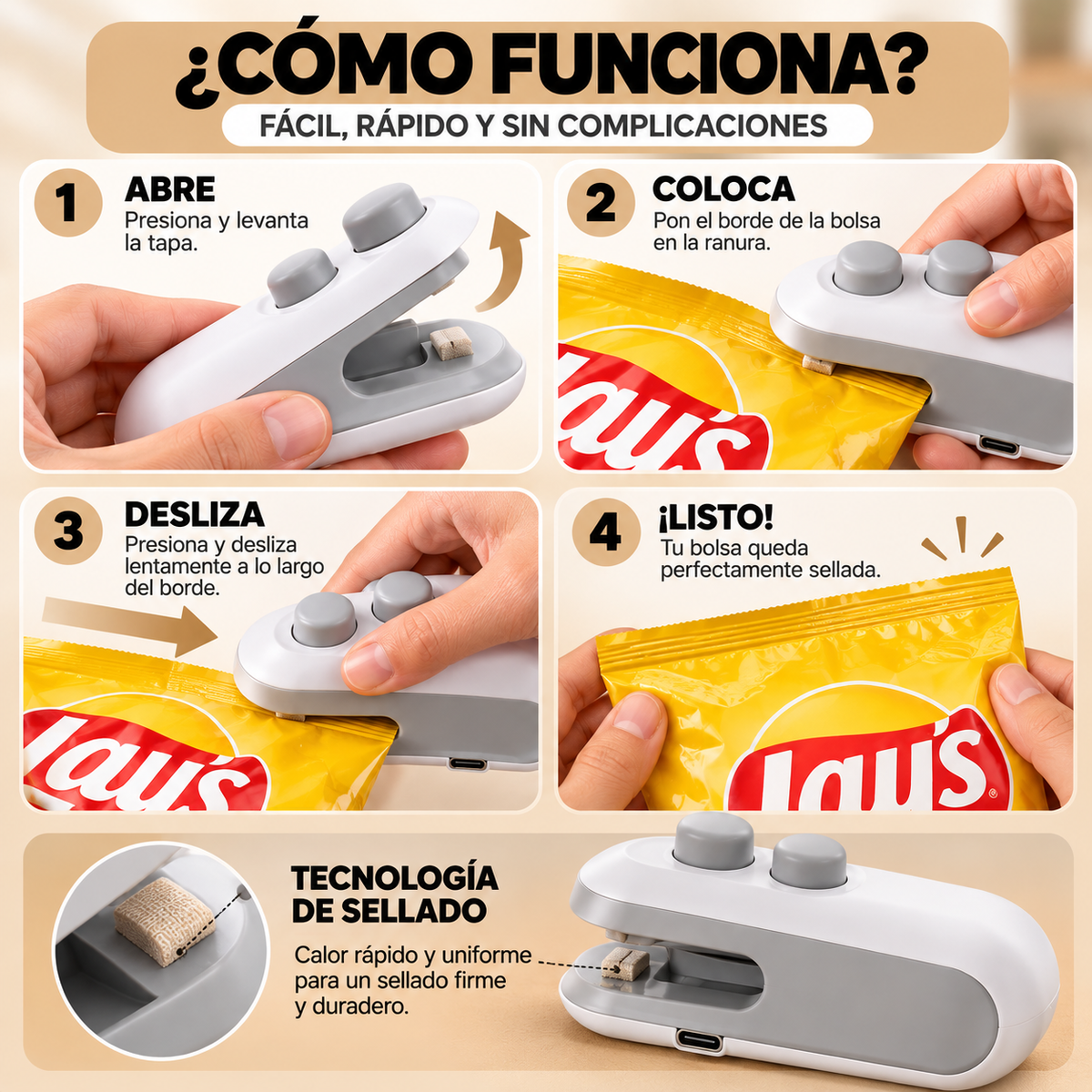 Sellador Térmico Portátil de Bolsas con Recarga USB