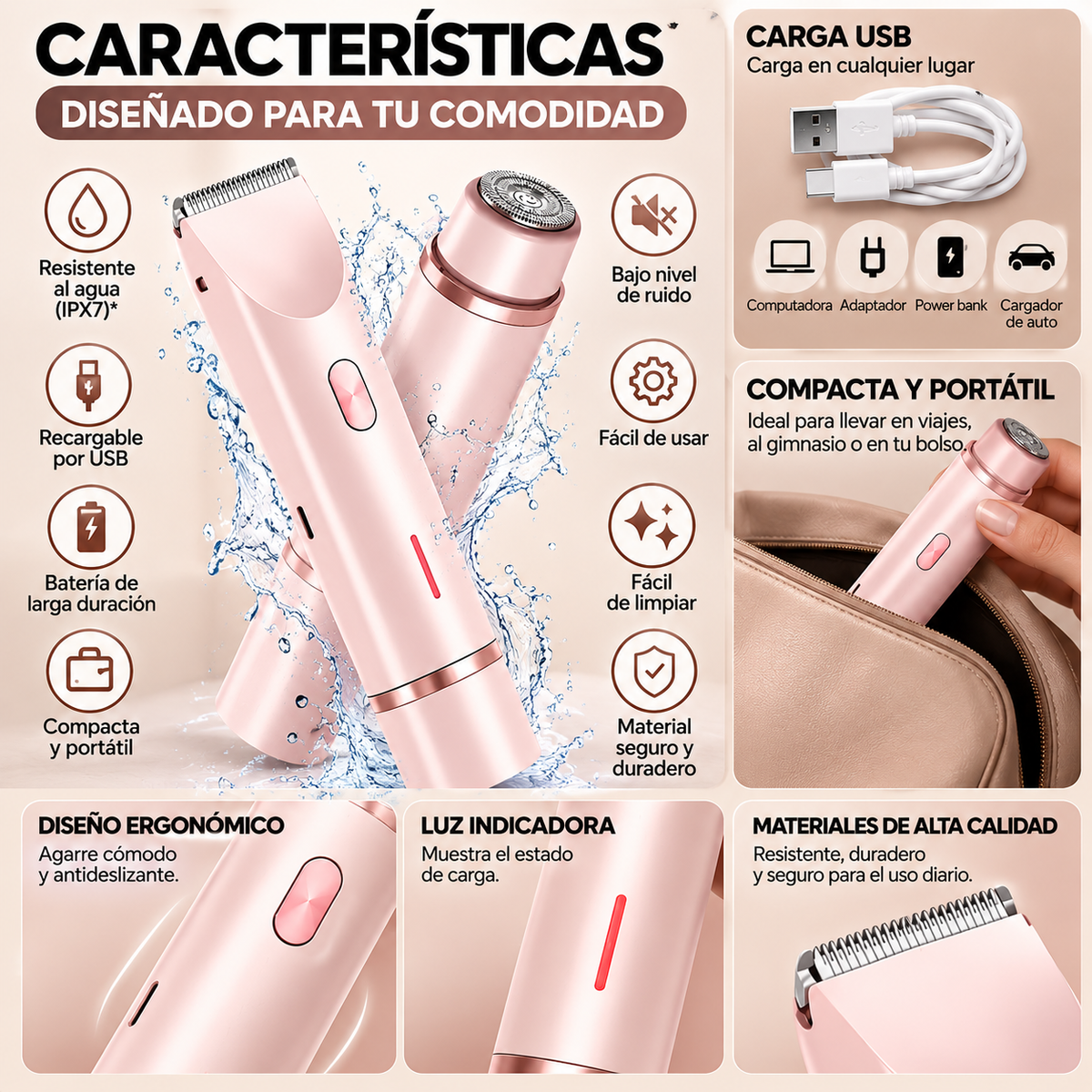 GlamTrim™ 4 en 1 - Recortadora Multifuncional con Cabeza Intercambiable