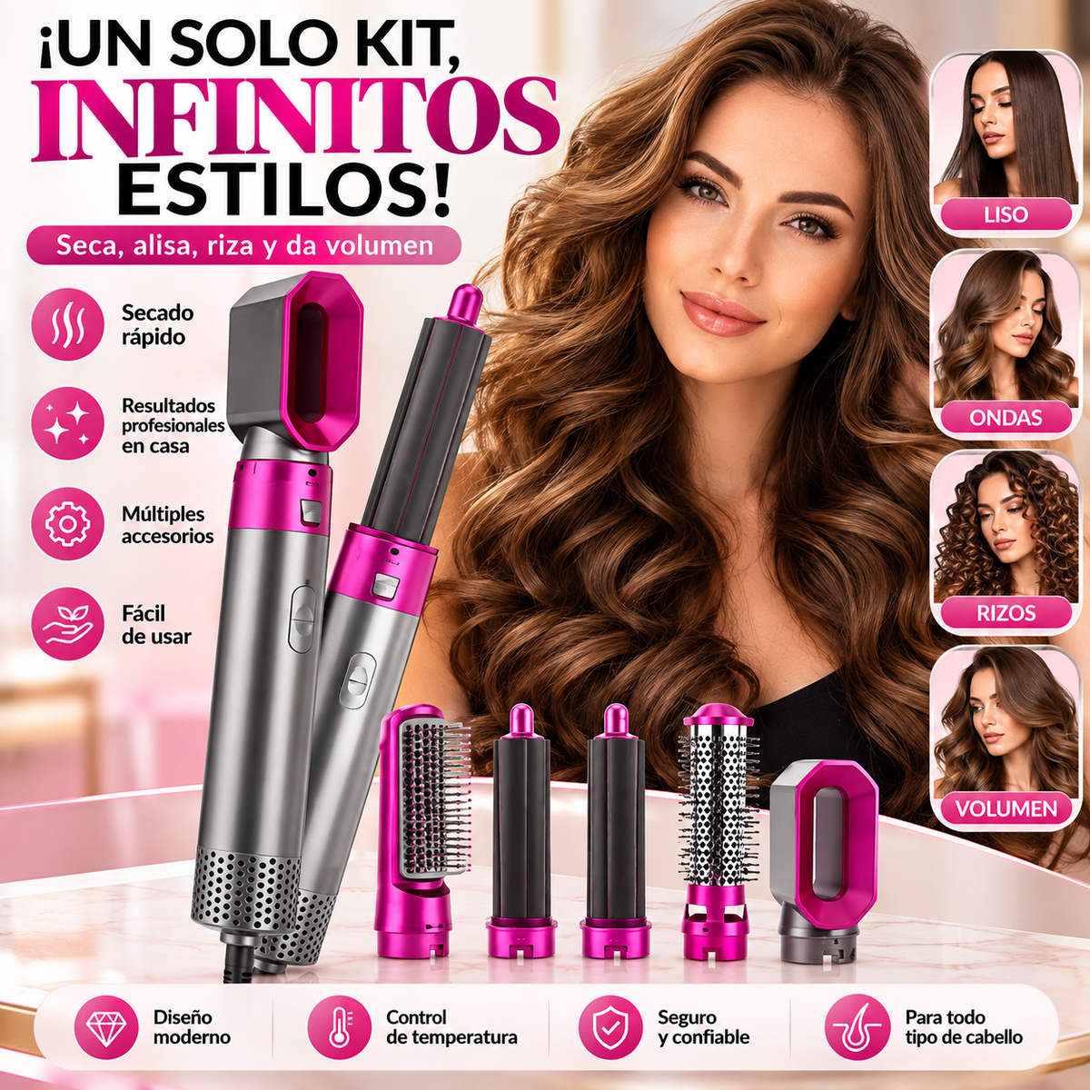 Moldeador de Cabello 7 en 1 – Secador, Alisador, Rizador y Cepillo Voluminizador